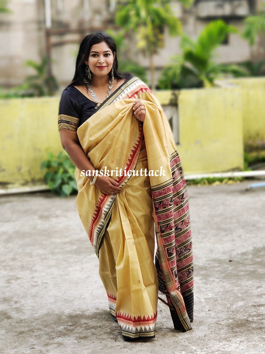 Cream & Black Handwoven Silk Khandua Saree - Sanskriti Cuttack